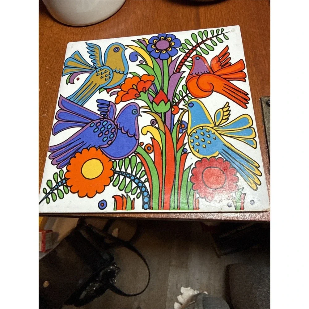 VILLEROY BOCH Ceramic ACAPULCO TRIVET/Tile 60-70s FRANCE BirdsFloral Psychedelic